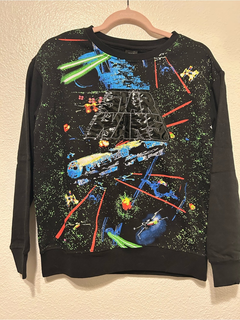 Star Wars Black Crewneck Sweatshirt with Neon Space Graphic